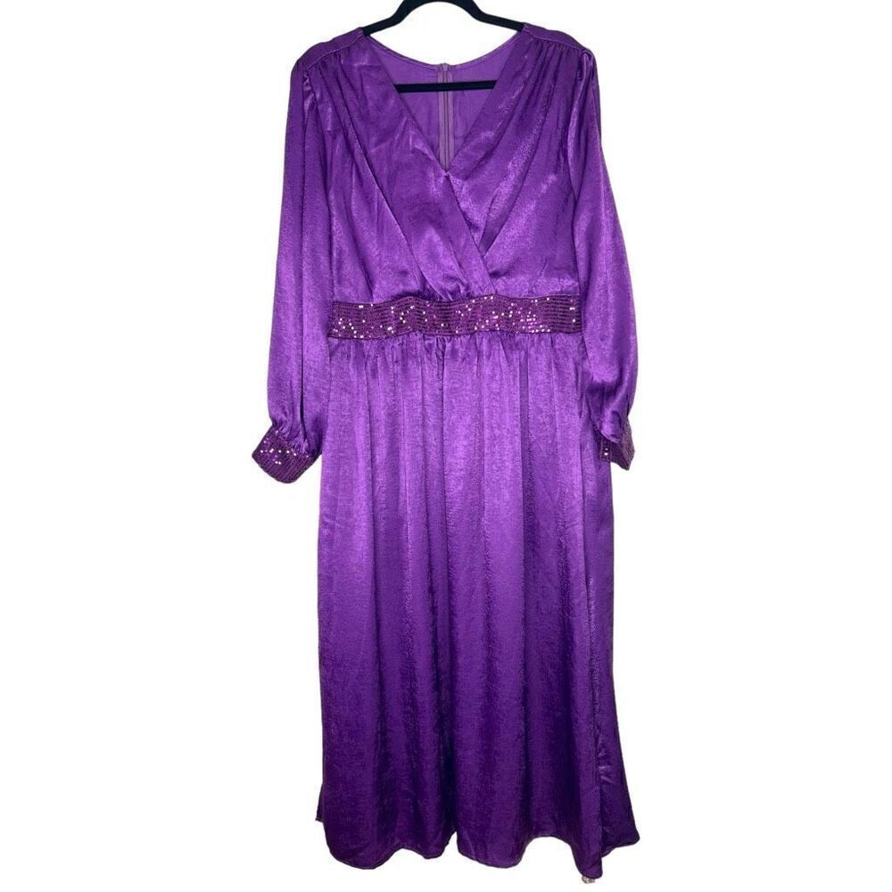 NEW Bloomchic Long Sleeve Sequined Detail Purple Maxi Dress L